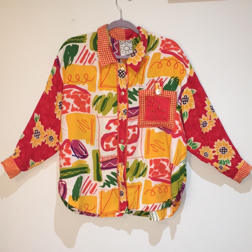 Surya Abstract Sunflower Shirt Large Retro 80s Women's